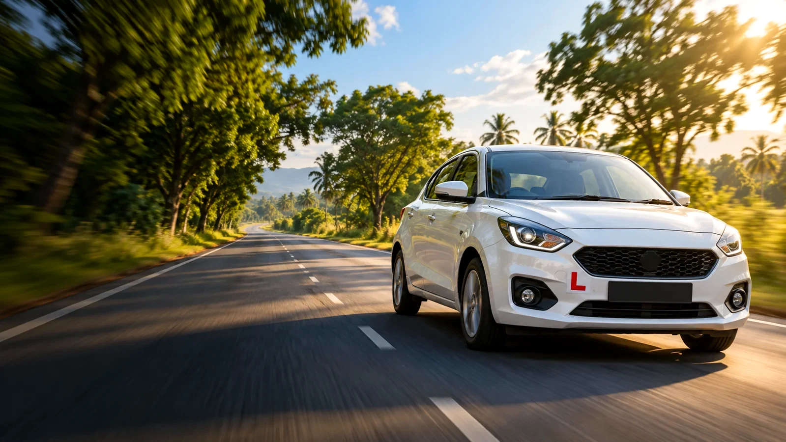 Concept image of a white learner car on a leafy road at golden hour