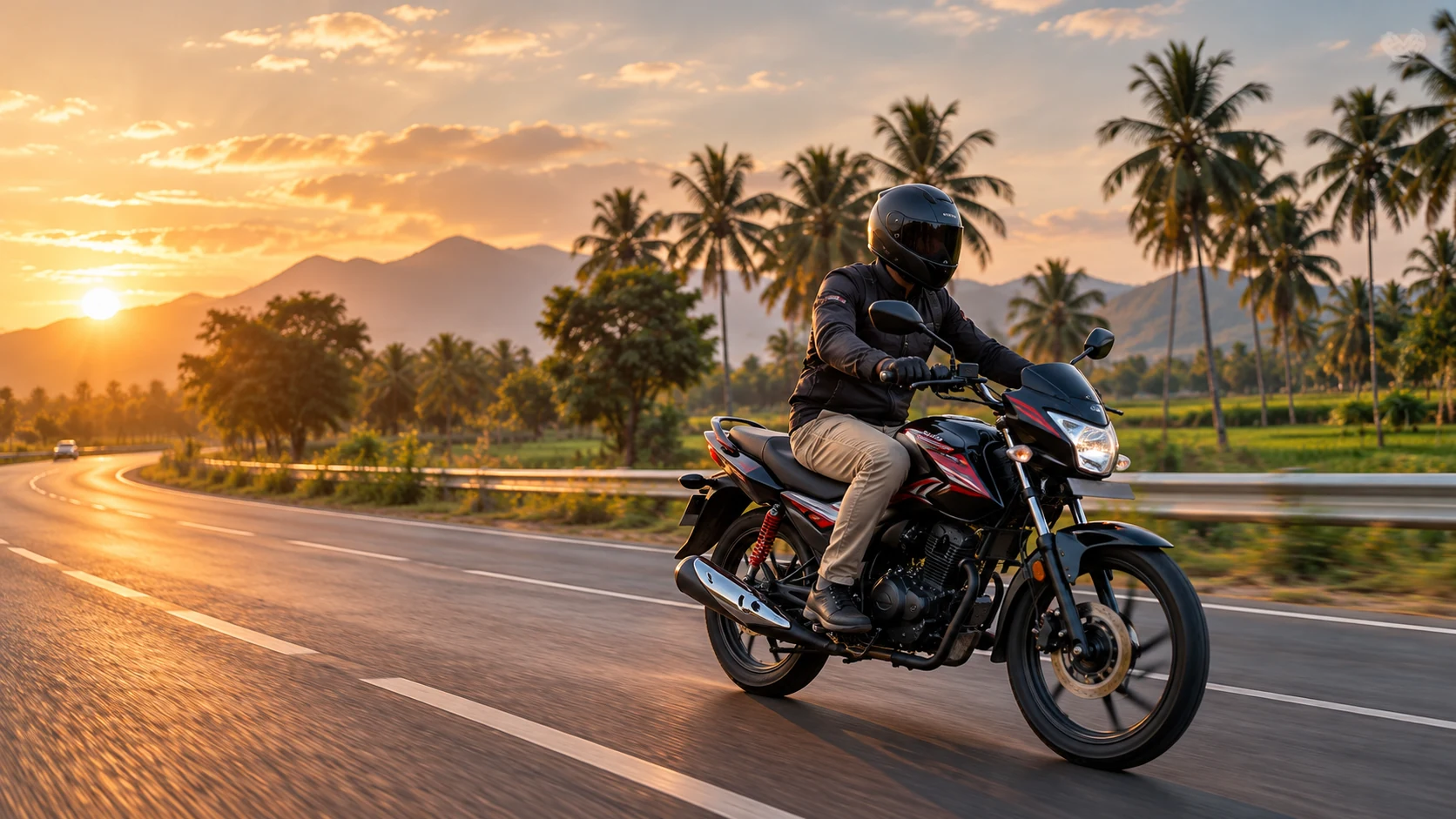 AI-generated helmeted motorcycle learner riding safely at sunset